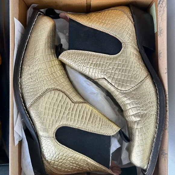 FREE PEOPLE gold metallic croc embossed western style ankle boots - Picture 5 of 9